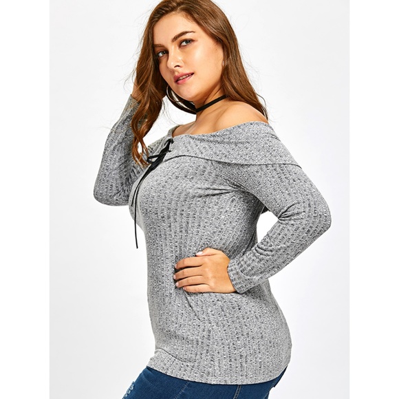 Plus Size Off Shoulder Ribbed Gray Ribbon Top - Picture 4 of 8
